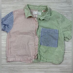 ZARA 2-3Y ✨ Kids Striped Pink, Green, and Blue Shirt cropped VGUC